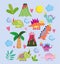 cute dinos volcano palm sun clouds nature cartoon icons