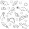 Cute dinosaur astronauts in space with spaceships and planets, outlines on white background, seamless vector pattern
