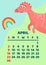 Cute dinosaur calendar vector template for children series. April