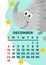 Cute dinosaur calendar vector template for children series. December