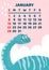 Cute dinosaur calendar vector template for children series. January