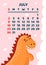 Cute dinosaur calendar vector template for children series. July