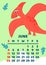 Cute dinosaur calendar vector template for children series. June