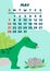 Cute dinosaur calendar vector template for children series. May