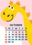 Cute dinosaur calendar vector template for children series. October