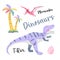 Cute dinosaur drawn as vector on white for kids fashion. Palm and volcano. T-Rex. Pteranodon.