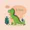 Cute dinosaur in the meadow with plants and trees. Place for your text.