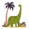 Cute dinosaur, palm and plants. Prehistoric jurrasic period wild fauna. Vector illustration in flat style