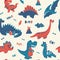 Cute dinosaur pattern. Seamless texture with prehistoric adorable animals, hand drawn cartoon kids background. Adorable