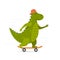 Cute dinosaur rides on skateboard. Tyrannosaur skateboarder. Kids print with dino. Vector illustration for print, clothes,