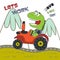 Cute dinosaur and tractor in the farm, funny animal cartoon, Can be used for t-shirt print, kids wear fashion design, invitation