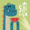 Cute dinosaur with watermelon. summer themed. Best for children designs, tees, birthday flyers and invitations. Dino party templat