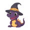 Cute dinosaur in witch hat. Cartoon dragon character for Halloween design