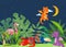 Cute dinosaurs in dino world with palm trees, exotic birds at night vector illustration. Prehistoric world with cute