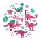 Cute dinosaurs hand drawn color vector illustration in round shape. Dino characters cartoon circle texture. Prehistoric