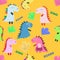 Cute dinosaurs hand drawn color vector seamless pattern. Dino characters cartoon texture. Sketch Jurassic reptiles. Web