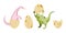 A cute dinosaurs hatching from eggs. Dinosaurs eggs vector illustration. Newborn cute dinosaurs set