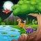 Cute dinosaurs playing in the night landscape