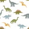 Cute dinosaurs seamless pattern. Vector illustration of stegosaurus, pteranodon, brontosaurus, triceratops and brachiosaurus