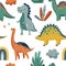 Cute dinosaurs seamless vector pattern with bright color dino, leaves, cloud, rainbow, star on white background. Cool