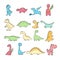 Cute dinosaurs. Set of funny wild ancient reptiles pterodactyl diplodocus vector doodle characters