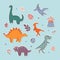 Cute Dinosaurs sticker collection, different types of prehistoric animals, cute illustration for children.