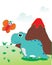 Cute dinosaurs with volcano eruption on a blue cloudy sky background. Vector nature landscape with extinct animals. Cute dino