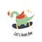 Cute diplodocus dino having fun at snowboard, Winter Christmas card or holiday print for clothing