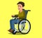 Cute disabled boy kid sitting in a wheelchair. Handicapped person. Colorful flat style cartoon vector illustration