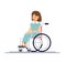 Cute disabled girl kid sitting in a wheelchair. Handicapped person. Flat style cartoon vector illustration.