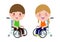 Cute disabled kids sitting in a wheelchair, Handicapped person. Colorful flat style cartoon vector illustration isolated