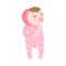 Cute displeased baby with kinky hair standing in pink pajama. Vector illustration in flat cartoon style.