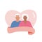 Cute diverse elderly romantic couple in heart with pink ribbon and space for text. Old age mature romantic partners