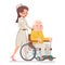 Cute Doctor Attendant Nurse Elderly Caring Wheelchair Old Man Character Sit Adult Icon Cartoon Design Vector