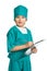 Cute doctor boy with medical clipboard isolated on