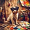 Cute dog artist with artistic tools in jolly vintage style