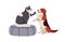 Cute dog and cat friends giving high five. Pets communication concept. Smart canine and feline animals greeting with paw