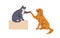 Cute dog and cat giving high five, greeting with paws. Smart pets communication. Canine and feline animal friends. Kitty