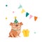 Cute Dog Character Celebrate Birthday. Funny Bulldog in Festive Hat Sitting front of Wrapped Present in Room Decorated
