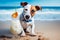 Cute dog with coctail relaxing on sandy beach near sea. Summer vacation with pet. Generative AI