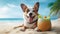 Cute dog with coctail relaxing on sandy beach near sea. Summer vacation with pet. Space for advert