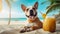 Cute dog with coctail relaxing on sandy beach near sea. Summer vacation with pet. Space for advert