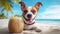 Cute dog with coctail relaxing on sandy beach near sea. Summer vacation with pet. Space for advert