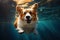 Cute dog corgi swimming under the water.