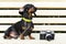 Cute dog dachshund, black and tan, in collar, listening to music with headphones, and vintage photo camera - relaxing outdoors in