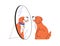 Cute dog dreamer looking at mirror reflection, imagining bone. Funny happy doggy, puppy dreaming, wishing food
