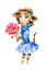 Cute dog in a dress and hat with large pink rose in a gift