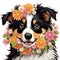 Cute dog with flowers. Smile collie puppy face .