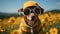 cute dog in a funny outfit and sunglasses. AI Generated