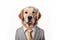 Cute dog Golden retriever with office business suit costume for apply the job isolated on white background, funny moment, pet